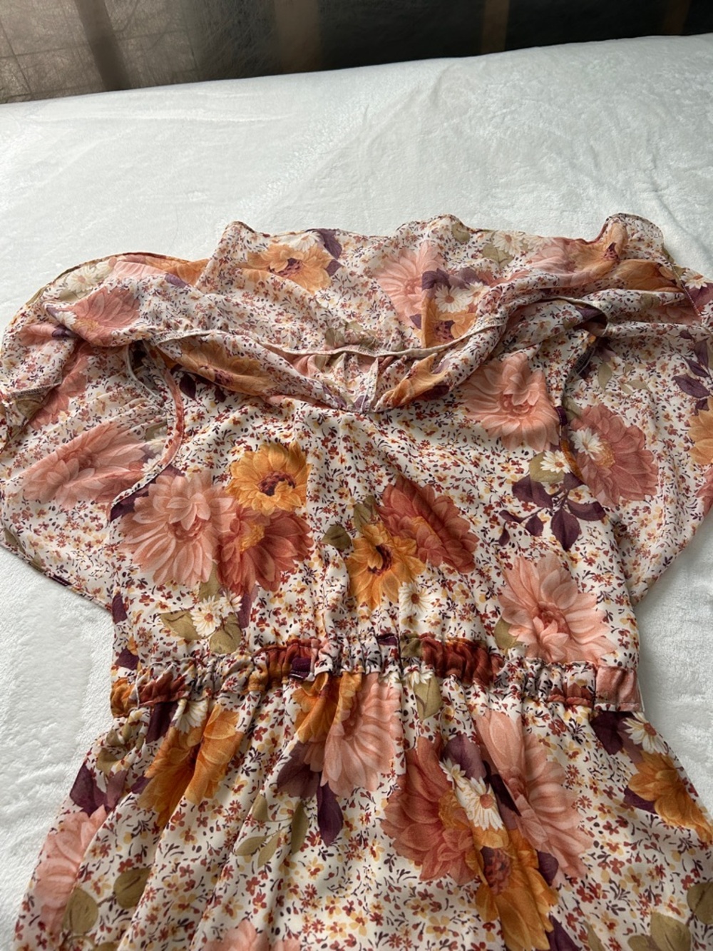 Floral Off-Shoulder Casual Dress in Peach & Mustard - Picture 3 of 9